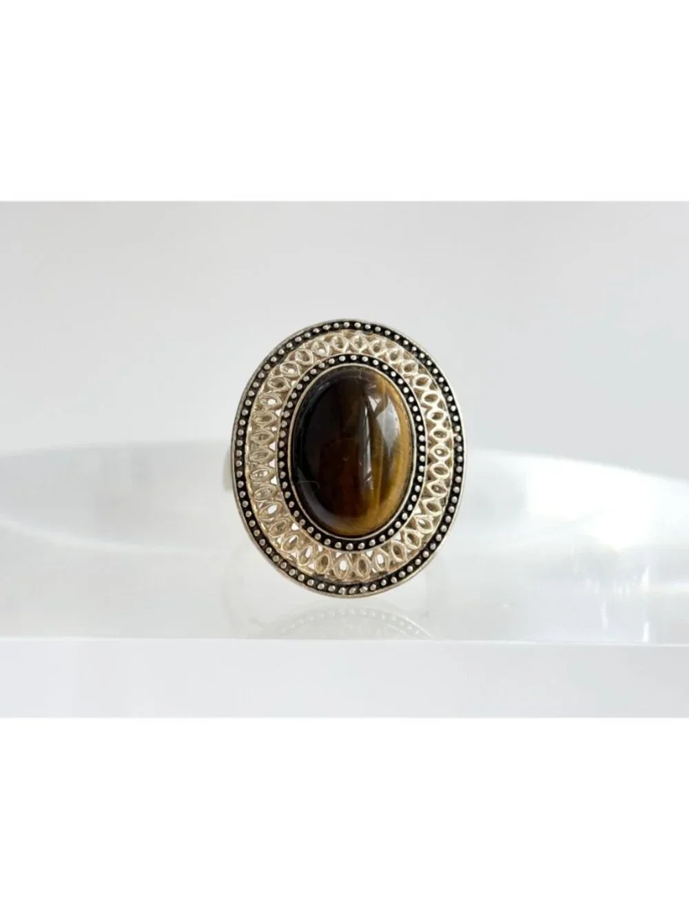 Genuine Tiger's Eye Gemstone Filigree Sterling Silver 925 Vintage Ring - sz 8